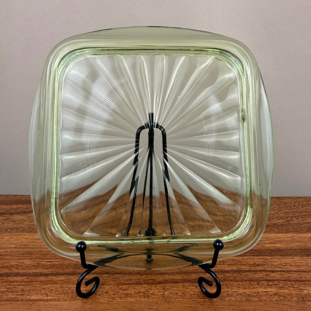 Vintage Green Uranium Glass Refrigerator Dish Lid Sunburst Starburst 6x6 Square